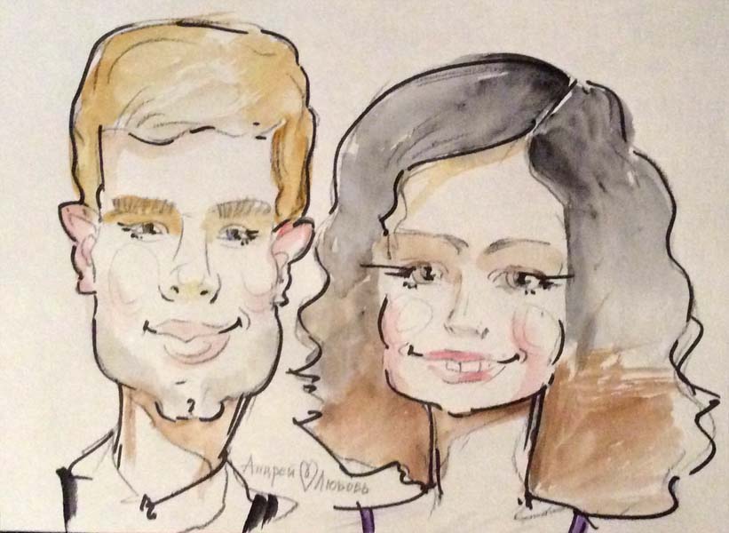 Шарж Андрея и Любви акварелью от Михаила Шабалина